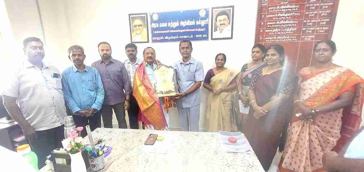 MLA. Mr. Sakarapani, Vanur Constituency visited our college on 18th February 2024 Principal (FAC) Dr. A. William Welcomed the respectful Vanur, Member of Legislative Assembly. Mr. Sakarapani along with staff members offered a shawl and Momento to MLA. 
Principal Dr. A. William (FAC) expressed his gratitude and unwavering support and trust our growth and development of this college over the years.